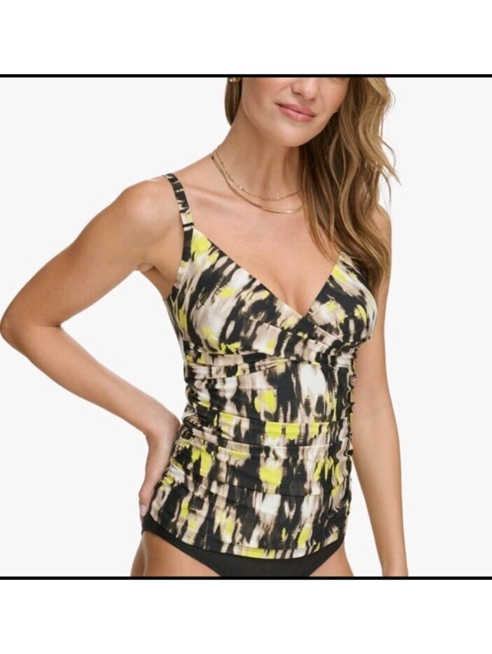 DKNY Women's Fluoro Yellow Abstract Twist-Front Shirred Tankini Swim Top New